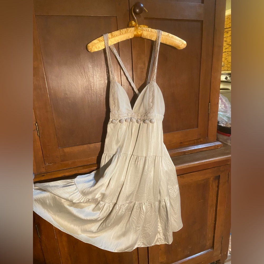 Gray Silk Strappy Dress with Pom Pom Trim from Worth Avenue Palm Beach Boutique